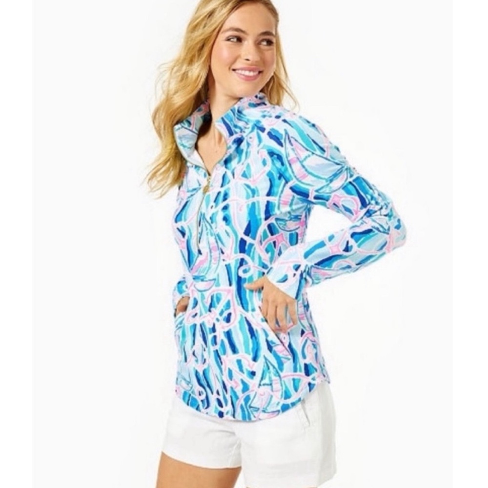 Lilly Pulitzer UPF 50+ Skipper Popover Skim Blue Reel Nauti Small Top Sweatshirt - Picture 2 of 12